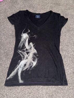 Black V-Neck Graphic Tee with White Smoke Print